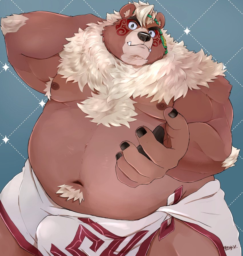 anthro armpit_hair belly big_belly black_nose body_hair brown_body bulge kemono male moobs navel nipples overweight overweight_male solo towel hijirinoyuta lifewonders tokyo_afterschool_summoners kimun_kamui_(tas) bear mammal 2024 hi_res