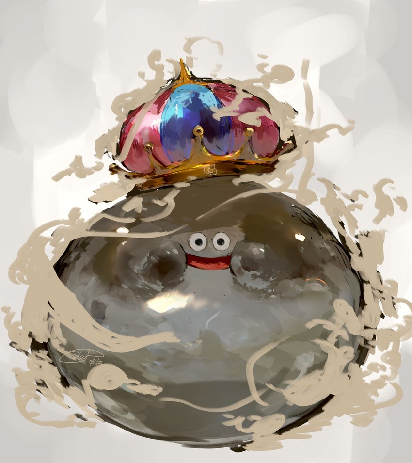 :d ambiguous_gender big_cheeks black_eyes cheek_bulge clothing cloud crown glistening glistening_body glistening_clothing grey_body grey_slime headgear king legless not_furry open_mouth puffed_cheeks round_body royalty simple_background smile solo sukep dragon_quest square_enix goo_creature metal_slime slime_(blob) slime_(dragon_quest) 2022 colored digital_media_(artwork) digital_painting_(artwork) hi_res shaded signature