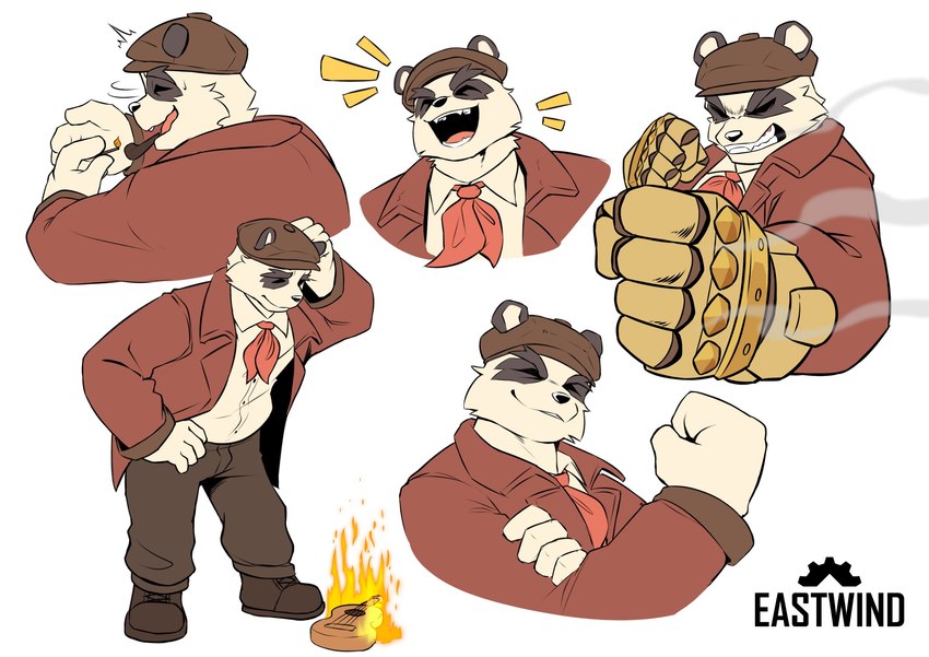 5_fingers anthro biped clothed clothing fingers fire hat headgear headwear male open_mouth open_smile smile solo anjing_kampuss eastwind studio_chipcoat oswald_(eastwind) bear giant_panda mammal hi_res