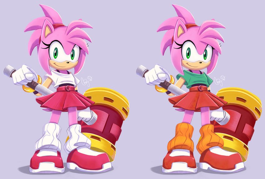 5_fingers anthro clothing eyelashes female fingers footwear fur gloves green_eyes handwear looking_at_viewer piko_piko_hammer pink_body pink_fur redesign shirt shoes simple_background smile smiling_at_viewer solo topwear white_clothing white_gloves white_handwear sheylog classic_sonic_(universe) sega sonic_the_hedgehog_(series) amy_rose classic_amy_rose eulipotyphlan hedgehog mammal