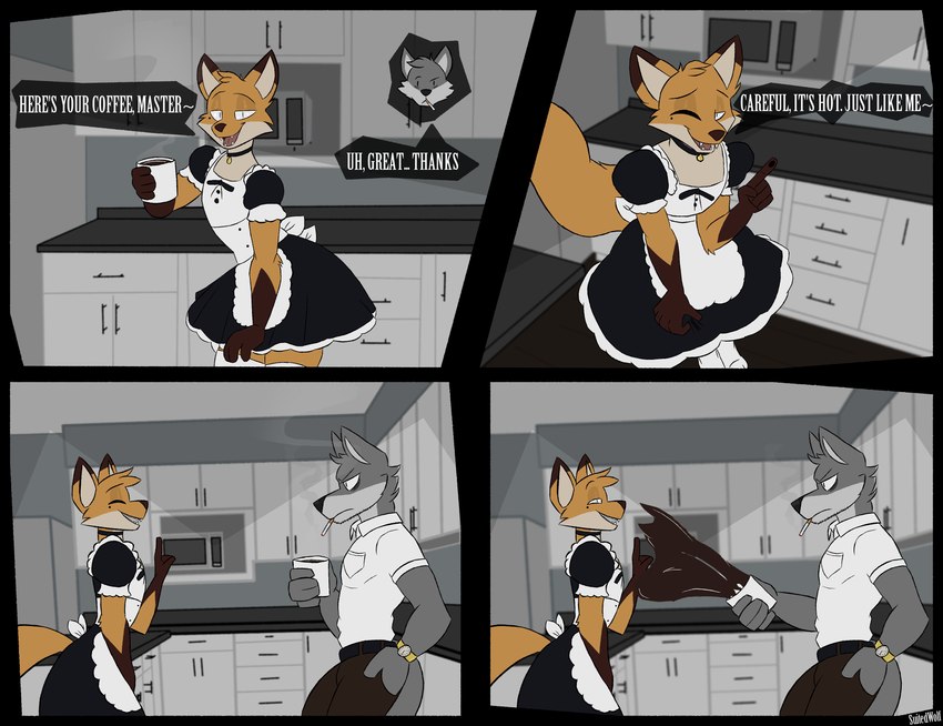 4_panel_comic anthro appliance bad_pun belt beverage choker cigarette cigarette_in_mouth clock clothed clothing coffee coffee_cup container crossdressing cup dialogue dress_shirt duo eyes_closed fangs femboy gloves_(marking) half-closed_eyes hand_on_hip humor imminent_pain inside jewelry khakis kitchen kitchen_appliance maid_apron maid_uniform male markings master microwave_oven narrowed_eyes necklace object_in_mouth one_eye_closed pun raised_finger sharp_teeth shirt smile smoking smoking_cigarette spilling_drink steam teeth topwear uniform unimpressed watch wink suitedwolfie balthy_(suitedwolfie) canid canine canis fox mammal wolf 2024 absurd_res comic hi_res