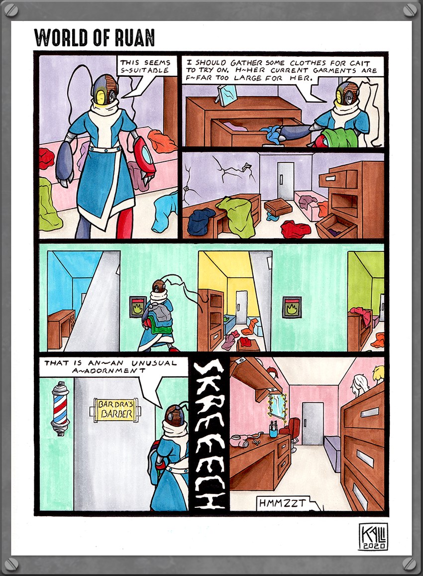 ambiguous_gender antennae_(anatomy) anthro blue_body blue_clothing clothing dialogue grey_body looking_at_mirror looking_at_object machine mirror red_body solo text white_clothing yellow_eyes impishhyena world_of_ruan roxy_(world_of_ruan) robot 2020 comic english_text hi_res signature