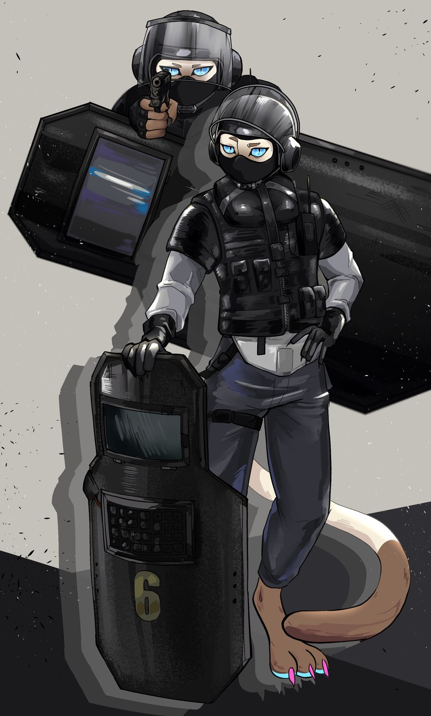 anthro armor blue_eyes blue_pawpads brown_body brown_fur claws clothed clothing colored_nails fur gloves gun handgun handwear holding_gun holding_object holding_ranged_weapon holding_weapon looking_at_viewer male nails pawpads pistol ranged_weapon riot_shield shield solo tail weapon helicoptero_eli rainbow_six:_siege blitz_(rainbow_six) clover_(alexxllx) domestic_cat felid feline felis mammal siamese absurd_res digital_media_(artwork) hi_res