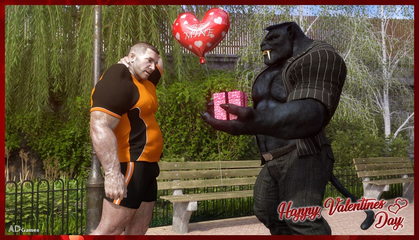 abs anthro balloon belt bench big_penis black_body black_bottomwear black_clothing black_fur black_hair black_shorts bottomwear bow_ribbon bulge claws clothing duo fangs fence finger_claws fur genitals hair hand_behind_neck happy_valentine heart_balloon heart_symbol holding_present holidays inflatable male male/male mohawk musclegut muscular muscular_anthro muscular_male orange_clothing orange_shirt orange_topwear park pecs penis pinstripe_clothing pinstripes plant sabertooth_(anatomy) shirt shorts teeth topwear tree unbuttoned_shirt vein veiny_muscles ad-games valentine's_day christopher_(ad-games) kerak felid human mammal pantherine 2018 3d_(artwork) artist_name digital_media_(artwork) story story_in_description watermark