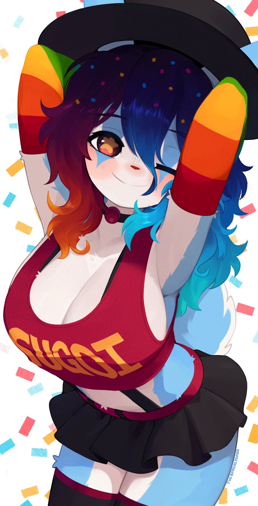 anthro armwear big_breasts blush bottomwear breasts cleavage clothed clothing clown female female_anthro fur hair hat headgear headwear kemono long_hair looking_at_viewer multicolored_armwear multicolored_body multicolored_clothing multicolored_fur multicolored_hair one_eye_closed pupils rainbow_armwear rainbow_clothing rainbow_hair scut_tail short_tail skirt solo tail unusual_pupils wink winking_at_viewer yoako cupcake_(yoako) lagomorph leporid mammal rabbit 2024 absurd_res digital_media_(artwork) hi_res