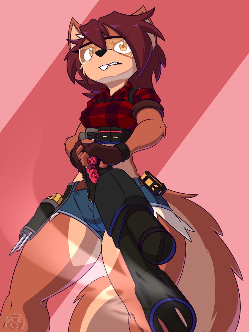 anthro arm_tuft belt bottomwear breasts brown_body brown_fur brown_hair clothing crop_top denim denim_bottomwear denim_clothing denim_shorts elbow_tuft eyewear female fingerless_gloves fur gloves goggles gun hair handwear ranged_weapon safety_goggles screwdriver shell_(projectile) shirt short_hair shorts shotgun shotgun_shell solo tan_body tan_fur teeth tools topwear tuft weapon gluepaw shelly_bélier mammal rodent sciurid tree_squirrel 2025 3:4 hi_res