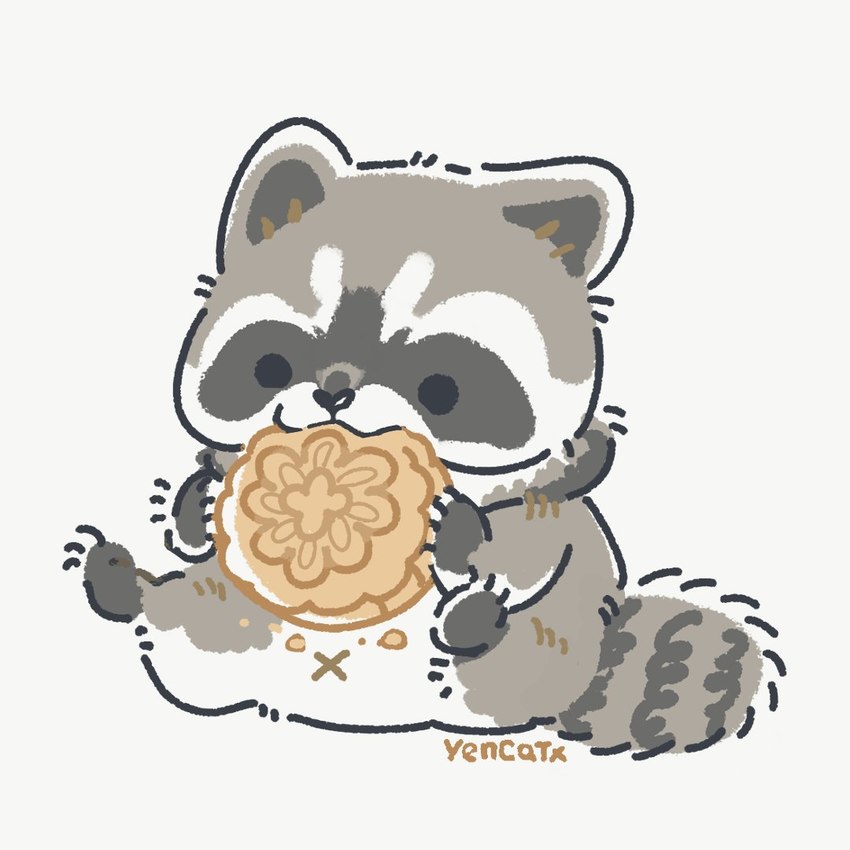 black_eyes black_nose chibi dot_eyes eating feral food fur grey_body grey_fur mooncake navel simple_background sitting solo white_background x_navel yencatx mid-autumn_festival mammal procyonid raccoon 1:1 2021