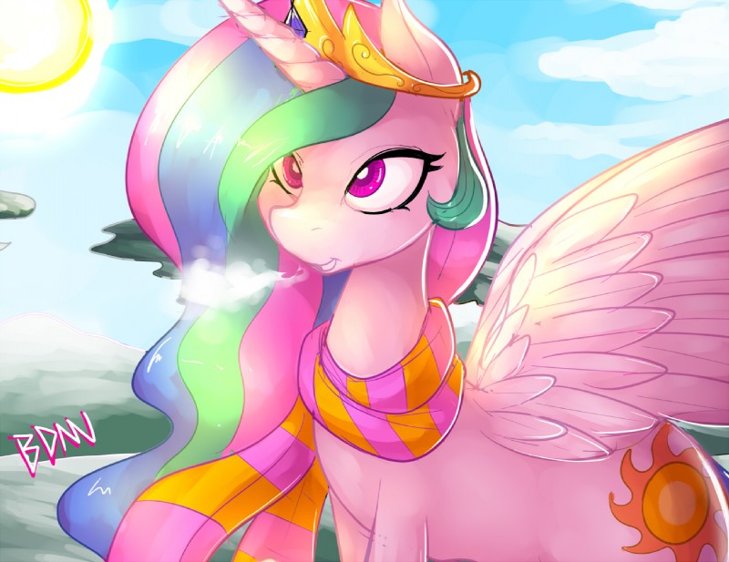 crown cutie_mark feathered_wings feathers female feral hair headgear horn long_hair multicolored_hair outside pink_eyes scarf sky solo spread_wings sun white_body white_feathers wings badenov friendship_is_magic hasbro my_little_pony mythology princess_celestia_(mlp) equid equine mammal mythological_creature mythological_equine winged_unicorn 2016