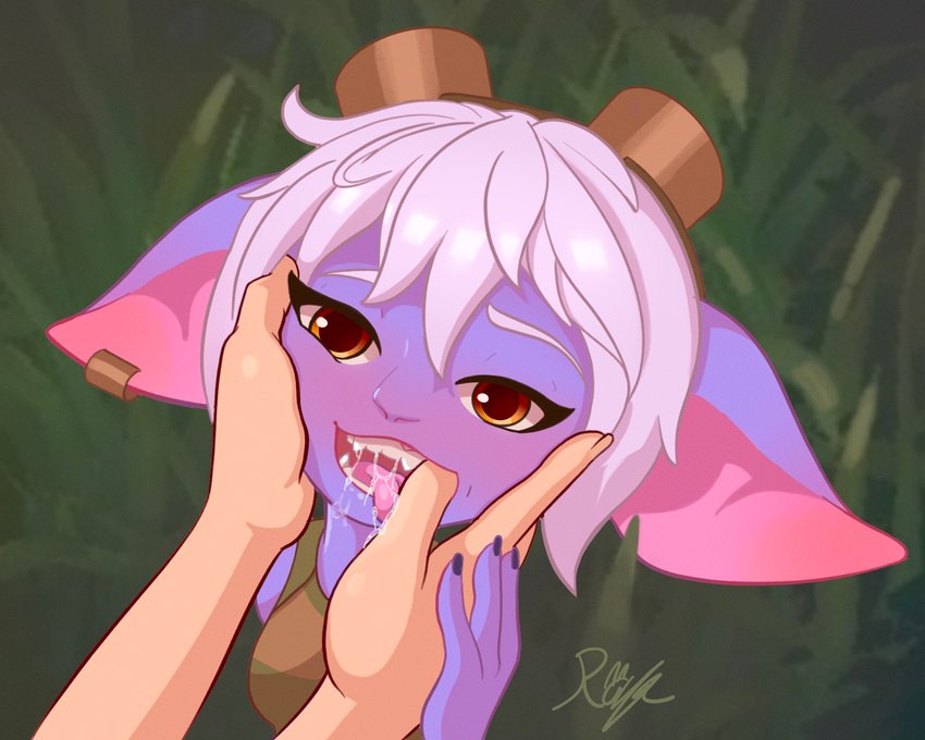 bedroom_eyes bodily_fluids clothed clothing drooling eyewear eyewear_on_head female goggles goggles_on_head hair hand_in_mouth happy narrowed_eyes open_mouth piercing saliva seductive short_hair short_stack smile solo teeth white_hair raylaruneheart league_of_legends riot_games tencent tristana_(lol) humanoid yordle 5:4 absurd_res hi_res