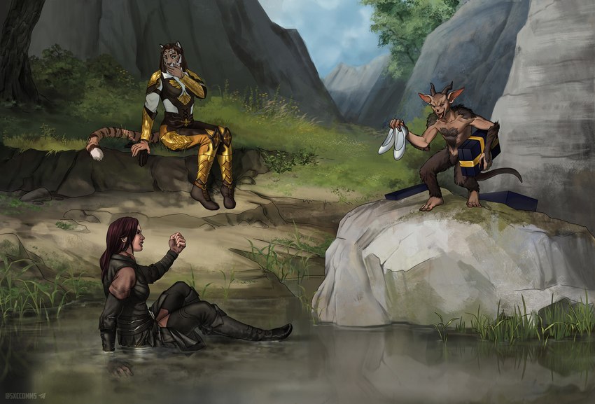 ambiguous_gender angry annoyed anthro clothed clothing female footwear gift grass group hair horn lake laugh lips mud mud_covered noble plant rock scenery shoes stealing tail teeth tongue tree trio water techiesxc microsoft the_elder_scrolls fan_character breton felid human khajiit mammal pantherine tiger digital_media_(artwork) hi_res