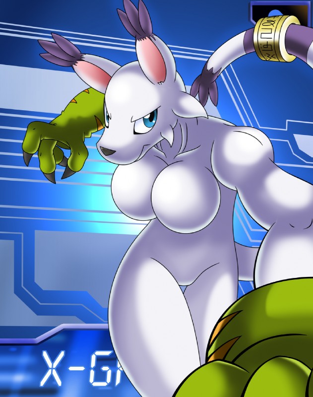 4_fingers abs angry anthro black_nose blue_background blue_eyes breasts claws clothing ear_tuft ears_up featureless_breasts featureless_crotch female fingers fur gloves handwear long_tail looking_at_viewer magic_ring nude pose simple_background solo tail text tuft white_body white_fur emiridian bandai_namco digimon digimon_tcg fan_character x_gatomon_(character) digimon_(species) felid gatomon mammal hi_res