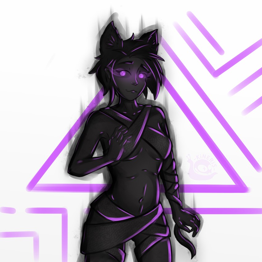 biped black_body black_bottomwear black_clothing black_hair black_topwear bottomwear clothing eye_mist female front_view glowing glowing_eyes hair highlights_(coloring) markings pattern_background purple_eyes purple_highlights purple_markings simple_background solo standing topwear triangle_(shape) wraps kineris_(artist) animal_humanoid humanoid 1:1 absurd_res digital_media_(artwork) hi_res portrait restricted_palette three-quarter_portrait