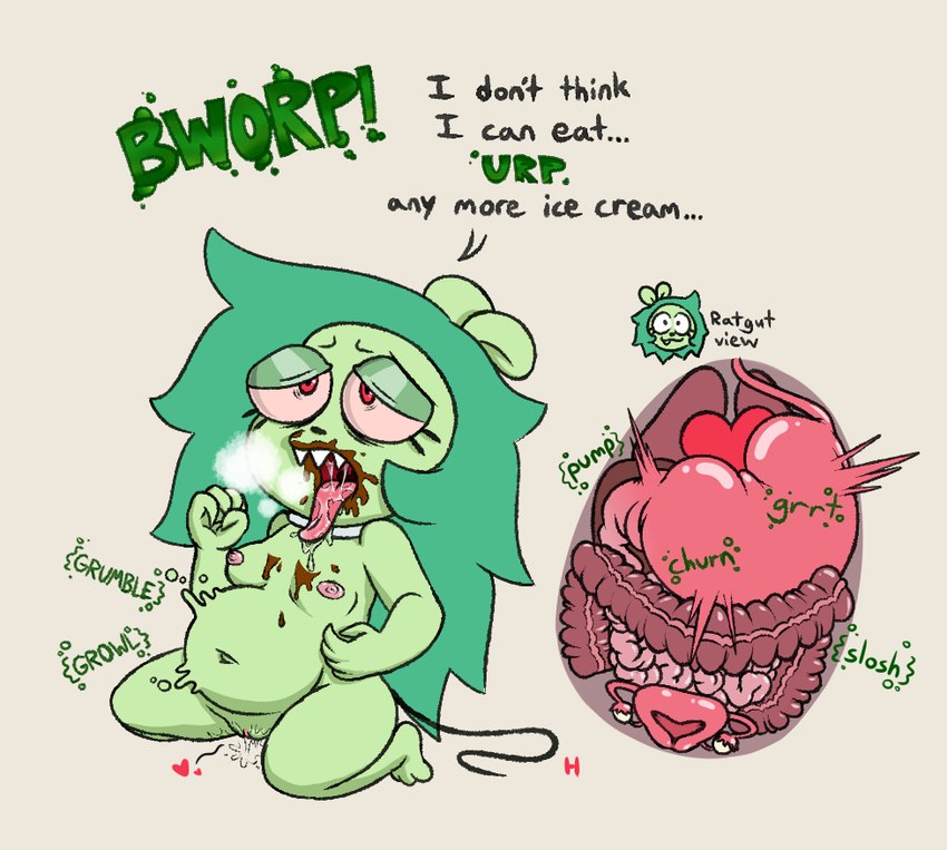 3_toes 5_fingers abdominal_bulge adolescent anthro areola aroused belly biped black_nose black_tail black_text bloated bodily_fluids breasts breath burping collar dessert dialogue eyelashes fallopian_tubes feet female female_anthro fingers food full_stomach fur genital_fluids genitals green_areola green_body green_fur green_hair green_text grey_background guts hair half-closed_eyes heart_(organ) heart_symbol humanoid_genitalia humanoid_pussy ice_cream internal internal_organs intestines kneeling liver loli long_hair lung medium_breasts messy narrowed_eyes navel nipples nude nude_anthro nude_female onomatopoeia open_mouth organs ovaries pink_areola pink_nipples pink_sclera plantigrade pussy pussy_juice_on_leg pussy_juice_on_pussy red_eyes rumbling_stomach saliva saliva_on_tongue saliva_string sharp_teeth simple_background solo sound_effects stomach stuffing tail teeth text thin_tail toes tongue tongue_out uterus uvula vaginal_fluids white_collar young young_anthro young_female capital-h cartoon_network ok_k.o.!_let's_be_heroes fink_(ok_k.o.!_lbh) mammal murid murine rat rodent 2024