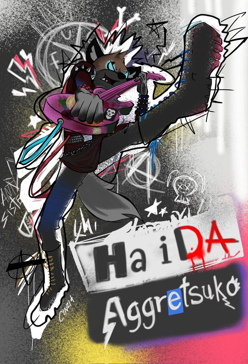 action_pose alternative_fashion anarchy_symbol anthro black_clothing boots bracelet clothing footwear guitar jewelry male musical_instrument plucked_string_instrument pose punk shoes solo spiked_bracelet spikes string_instrument cinizia aggretsuko marvel misfits_(band) sanrio spider-man:_spider-verse spider-man_(series) haida_(aggretsuko) spider_punk hyena mammal spotted_hyena hi_res