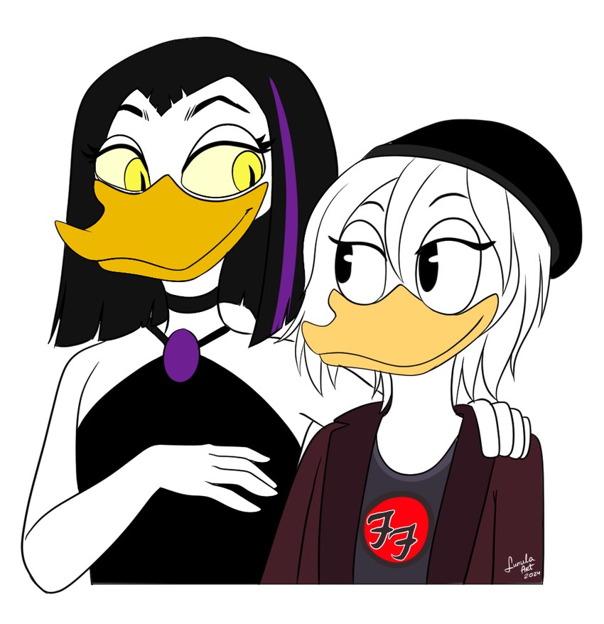 90s_clothing age_difference alternative_fashion anthro arm_around_shoulder beak black_hair bonding duo female grunge_(fashion) hair magic_user musician older_female singer smile smiling_at_another smiling_at_each_other v_bangs white_hair younger_female kinkypeach disney ducktales ducktales_(2017) grunge_(genre) daisy_duck magica_de_spell anatid anseriform avian bird duck aunt_(lore) aunt_and_niece_(lore) niece_(lore)