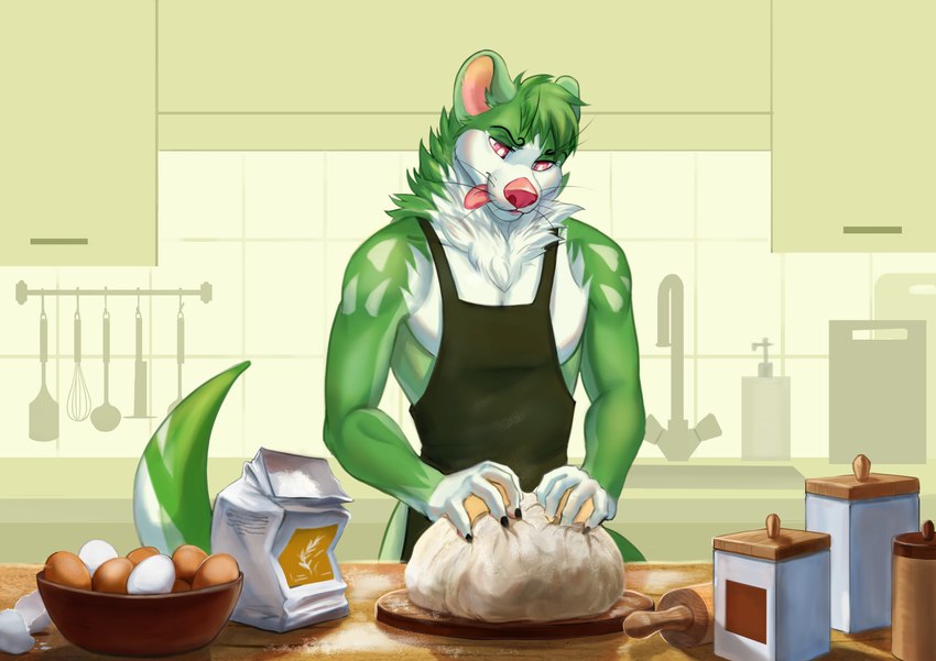 anthro apron claws clothing dough egg flour green_body inside kitchen kitchen_cabinet kitchen_utensils male red_eyes red_nose solo tongue tools whiskers chlorine_artworks keey-lai_(ch0c0hare) mammal mustelid otter absurd_res hi_res