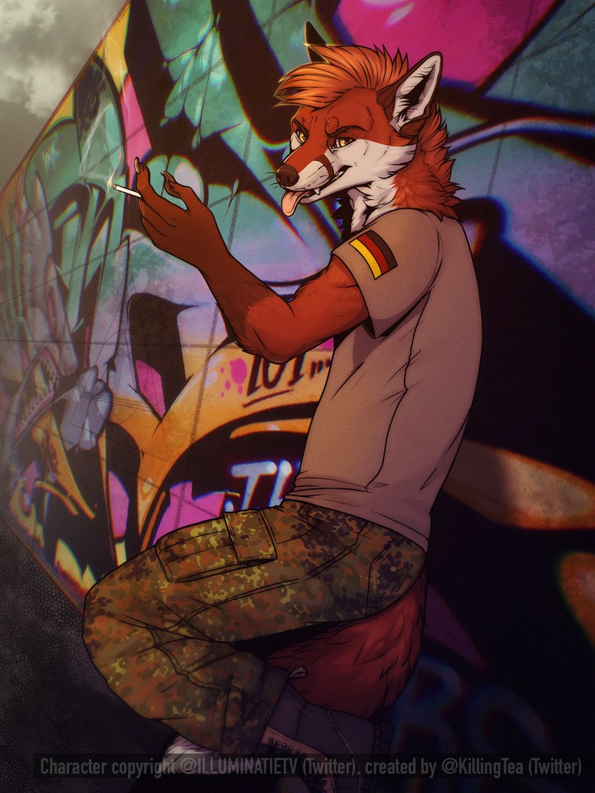 anthro clothed clothing fox_tail fur german_flag graffiti hair khrone_champion looking_at_viewer male military shirt simple_background smile smoking solo t-shirt tongue tongue_out topwear uniform killingtea canid canine canis fox mammal red_fox true_fox 3:4 digital_media_(artwork) hi_res