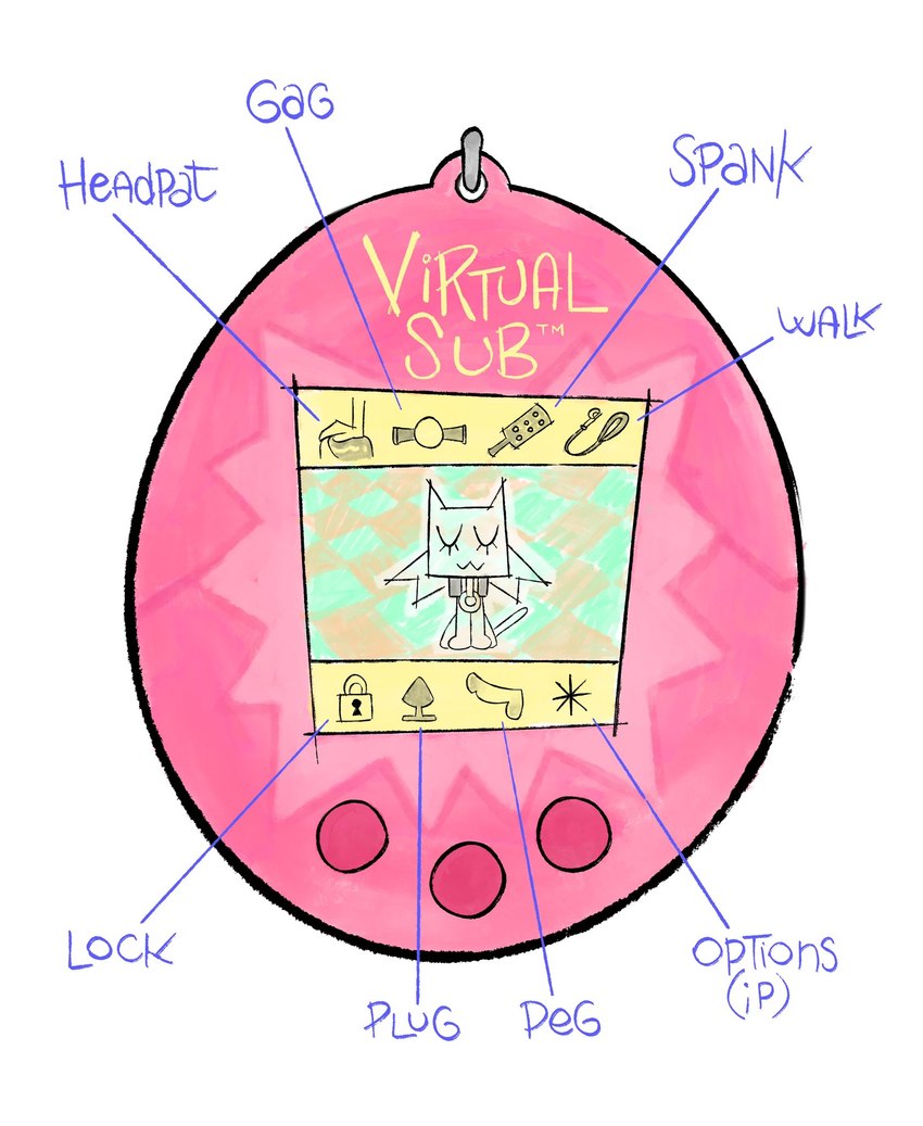 ambiguous_gender buttplug collar collar_tag dildo eyes_closed feral genitals parody plug_(sex_toy) sex_toy smile solo text uwu white_back averykinkyguy tamagotchi felid feline mammal 2023 english_text hi_res