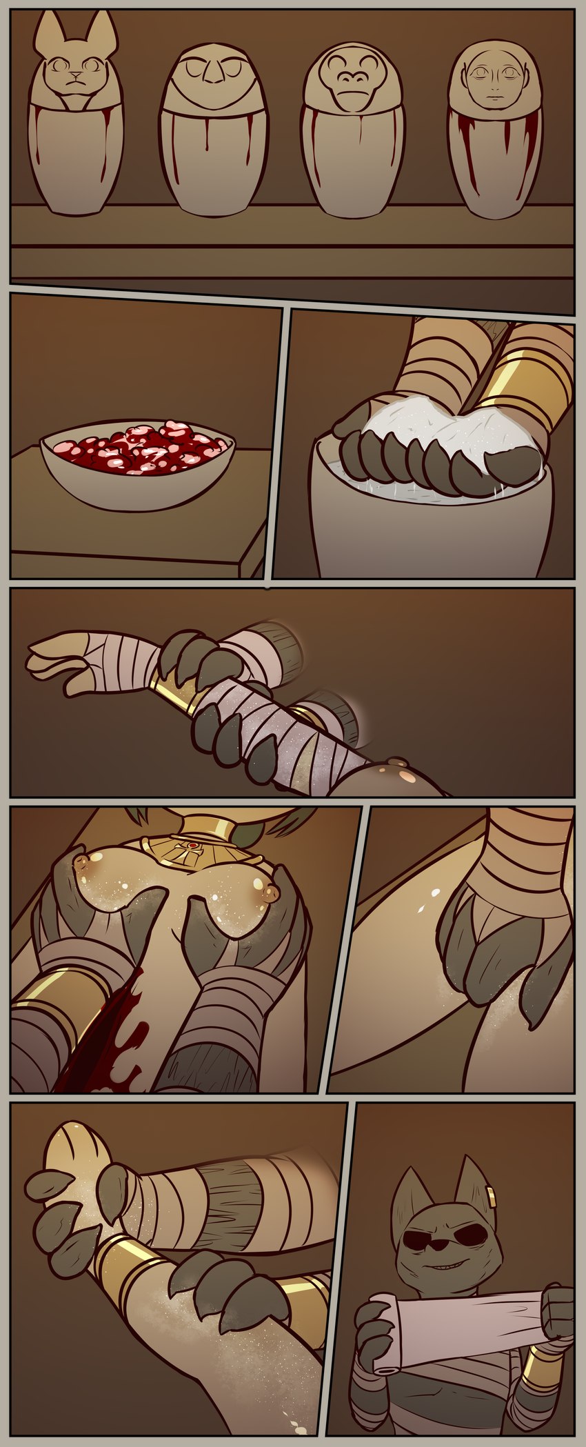 3_toes ankh anklet anthro bandage big_pupils blood blood_pool blush bodily_fluids bound breast_grab breasts canopic_jar choker clitoris container corpse death duo ear_piercing ear_ring feet female fingering genitals gore gore_focus grope guts gutted hair hand_on_breast hand_on_pussy happy imminent_death intestines jar jewelry love male mummification navel necklace necrophilia nipples organs piercing pupils pussy ring_piercing romantic romantic_couple salt shaking slit_(wound) small_pupils smile smirk submissive submissive_female sweat toes under_boob vaginal vaginal_fingering wedding wounded e254e dorotty_(e254e) canid canine canis domestic_dog jackal mammal mummy undead absurd_res comic hi_res