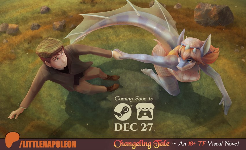 anthro blonde_hair bottomwear breasts brown_hair clothing duo female footwear grass hair hand_holding hat headgear headwear high-angle_view male male/female pants plant rock shoes smile tail text littlenapoleon watsup changeling_tale mythology steam_(software) valve grace_(changeling_tale) malcolm_(changeling_tale) aquatic_dragon dragon human mammal marine mythological_creature mythological_scalie scalie 2023 collaboration english_text trans_(lore)