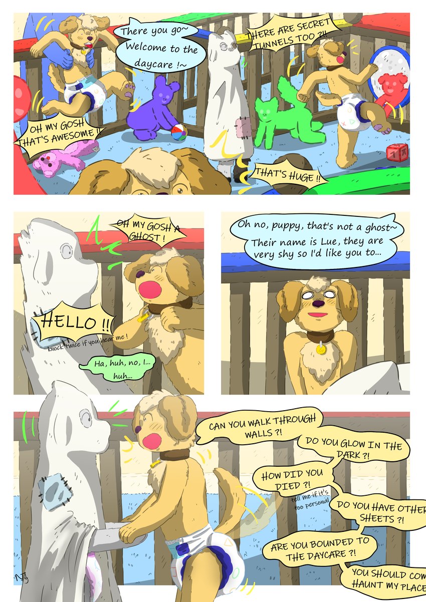 ageplay ambiguous_gender anthro clean_diaper clothed clothing collar diaper duo fur infantilism male nursery plushie roleplay tail text wearing_diaper young ahcocqui canid canine canis domestic_dog humanoid mammal unknown_species absurd_res comic digital_media_(artwork) english_text hi_res