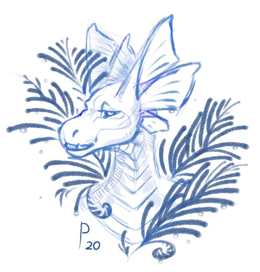 anthro ear_fins female fin grass plant simple_background smile solo striped_body stripes white_background polunoch mythology norna dragon mythological_creature mythological_scalie reptile scalie 2020 greyscale headshot_portrait monochrome portrait signature traditional_media_(artwork)