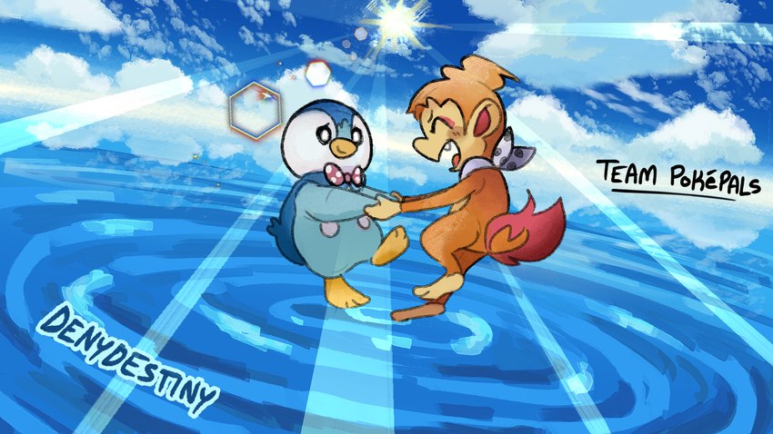 abstract_background bow_tie duo feral hand_holding happy lens_flare male scarf denydestiny nintendo pokemon pokemon_mystery_dungeon spike_chunsoft chimchar generation_4_pokemon piplup pokemon_(species) 16:9 hi_res widescreen