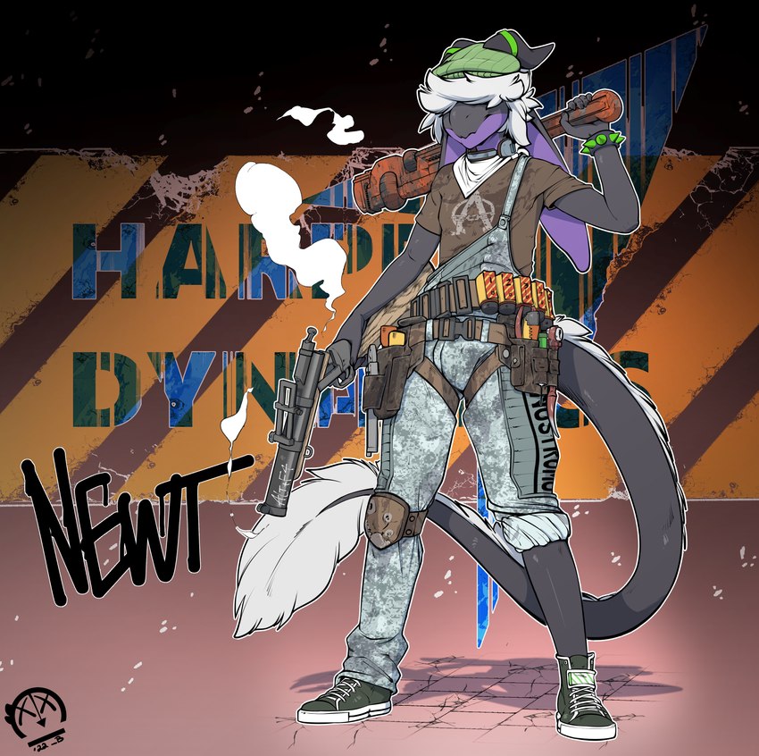 anthro biped clothed clothing gun hair holding_gun holding_object holding_ranged_weapon holding_weapon horn male ranged_weapon solo tail tail_tuft tool_belt tuft weapon underscore_b newt_(underscore-b) scalie 2022 absurd_res hi_res