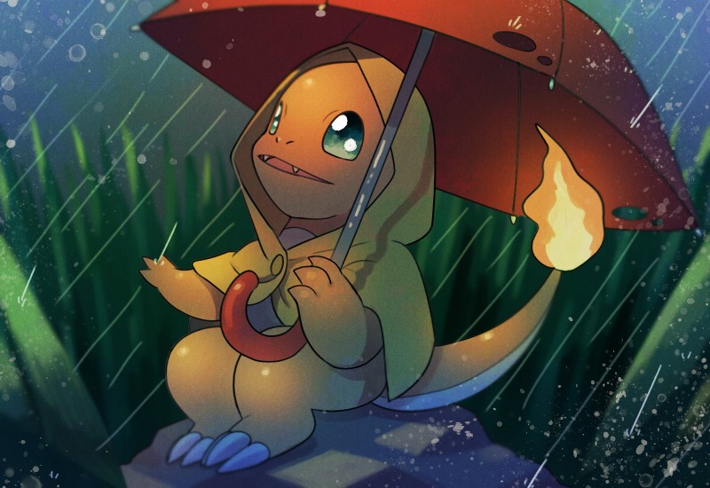 ambiguous_gender anthro biped claws clothed clothed_feral clothing coat feral fire holding_object holding_umbrella open_mouth orange_body pose raincoat raining sitting solo teeth topwear umbrella water wet yukifuri_tsuyu nintendo pokemon charmander generation_1_pokemon pokemon_(species) scalie 2019 full-length_portrait hi_res portrait