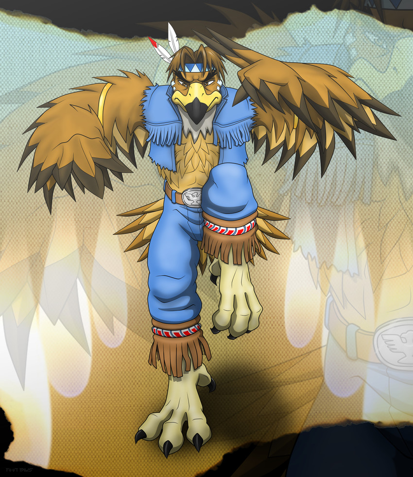 4_toes anisodactyl anthro beak belt black_beak blowup_background blue_bottomwear blue_clothing bottomwear clothed clothing feathers feet front_view looking_at_viewer multicolored_beak simple_background solo tail tail_feathers talons toes two_tone_beak white_body white_feathers yellow_beak foot-paws capcom street_fighter t._hawk_(street_fighter) accipitrid accipitriform avian bird 2017 absurd_res full-length_portrait hi_res portrait