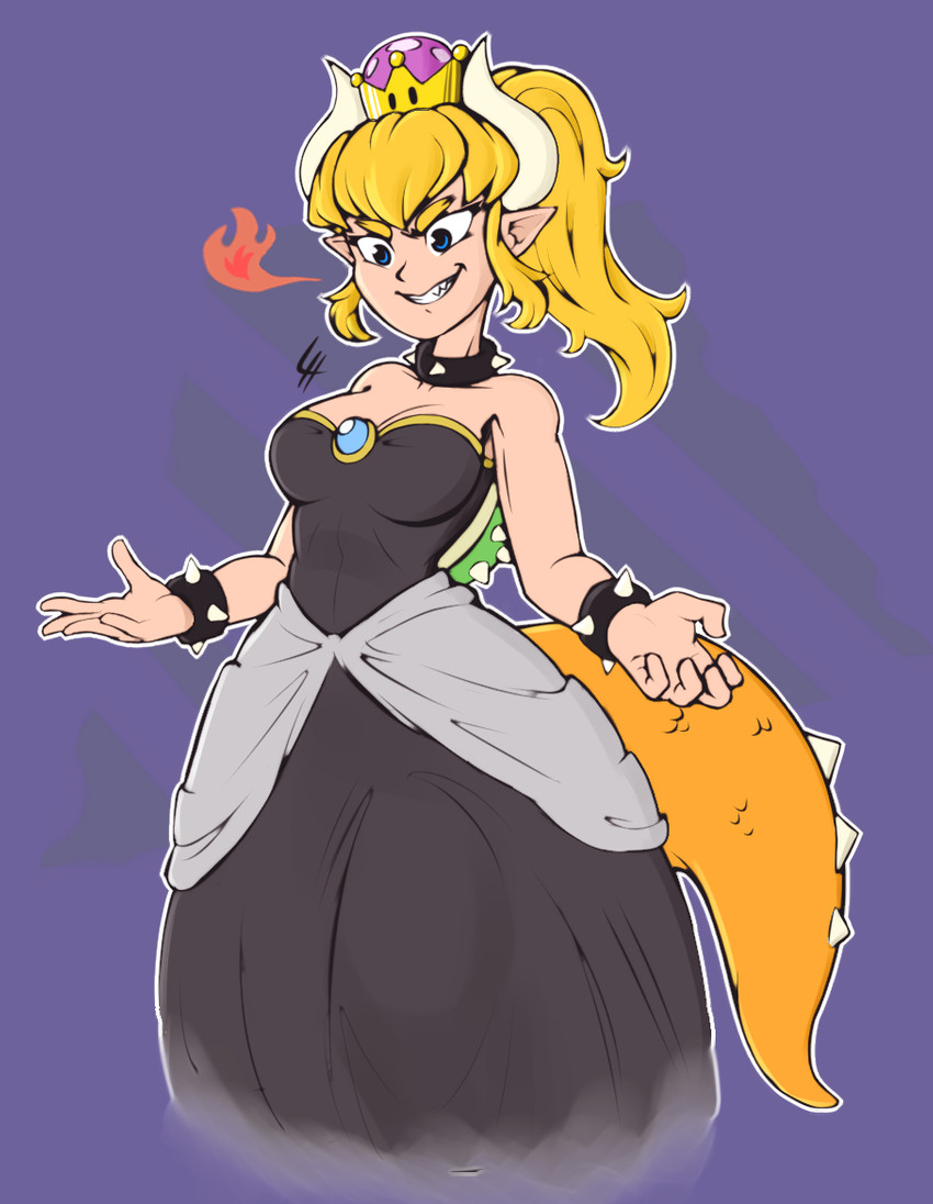 5_fingers blonde_hair blue_eyes bracelet breasts clothed clothing collar crown dress eyebrows eyelashes female fingers fire grin hair headgear horn humanoid_pointy_ears jewelry pointy_ears ponytail shell simple_background smile solo spiked_bracelet spiked_collar spiked_shell spiked_tail spikes spikes_(anatomy) super_crown tail thick_eyebrows limehazard bowsette_meme mario_bros nintendo bowser animal_humanoid horned_humanoid humanoid koopa_humanoid scalie scalie_humanoid tailed_humanoid meme