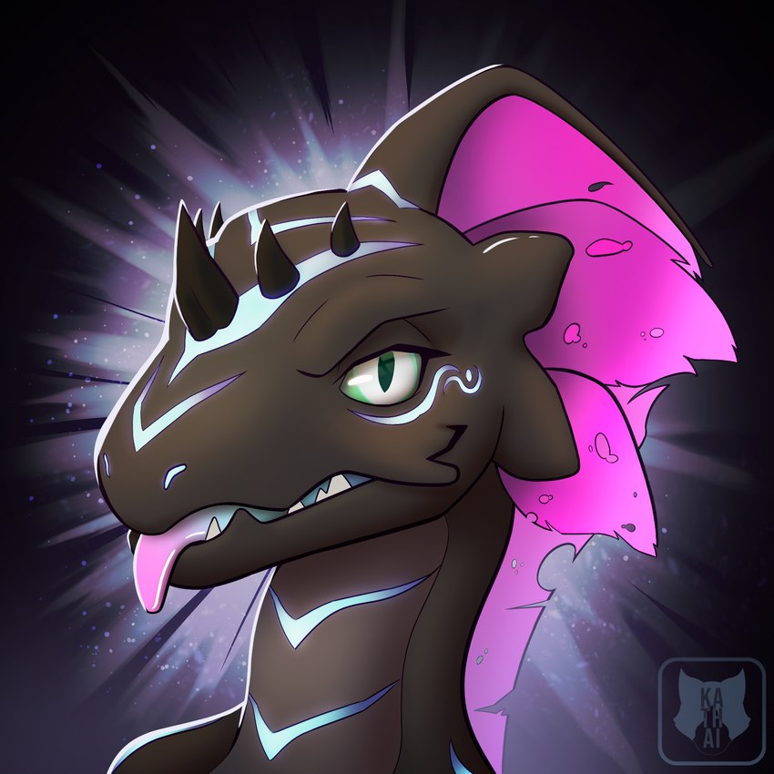 anthro black_body female glowing glowing_markings grey_teeth horn markings multicolored_tongue pink_fins simple_background solo tattered_fins teeth tongue white_eyes dahiras kathai lizard reptile scalie 1:1 hi_res