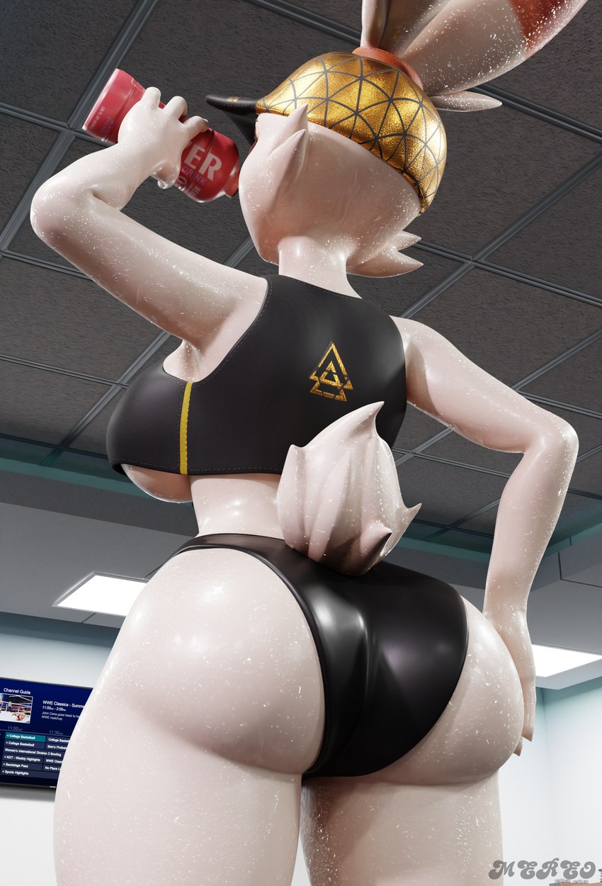 anthro anthrofied athletic_wear big_butt bodily_fluids bottomwear bra breasts butt clothed clothing drinking exercise female glistening glistening_arms glistening_body glistening_bottomwear glistening_butt glistening_clothing gym hat headgear headwear inside low-angle_view nude pokemorph rear_view solo sports_bra sports_panties sweat text tight_bottomwear tight_clothing under_boob underwear workout that1furrydude1 nintendo pokemon scorbunny_(valorlynz) generation_8_pokemon pokemon_(species) scorbunny 3d_(artwork) absurd_res digital_media_(artwork) english_text hi_res