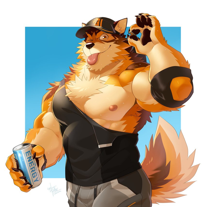 abs anthro beverage biceps blep bodily_fluids bottomwear canned_drink claws clothing energy_drink hat headgear headwear looking_at_viewer male muscular muscular_anthro muscular_male nipples one_eye_closed pawpads pecs shirt shorts solo sweat tank_top tongue tongue_out topwear wink takemoto_arashi lifewonders live_a_hero barrel_(live_a_hero) canid canine canis mammal wolf absurd_res hi_res