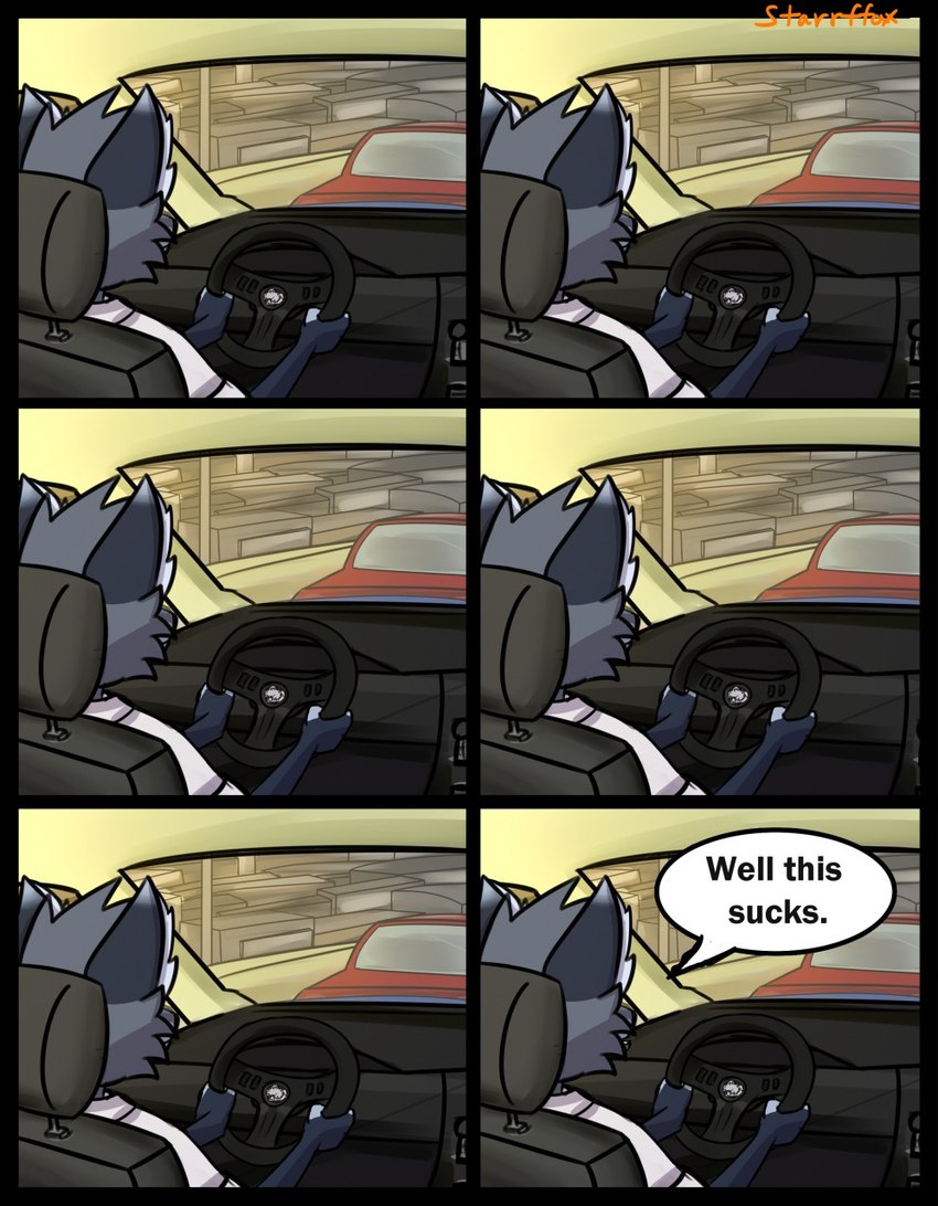 anthro black_border border car clothing dialogue dipstick_ears ear_markings fur grey_body grey_fur inside_car inside_vehicle male multicolored_ears solo text traffic vehicle starrffax_(fox_sona) canid canine fox mammal comic english_text hi_res