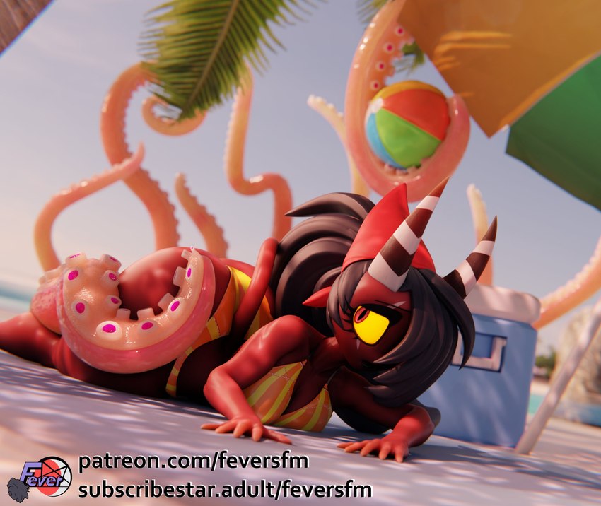 ball beach_ball beach_umbrella big_butt bikini black_hair breasts butt clothing female fingers glistening glistening_tentacles hair horn inflatable not_furry parasol solo swimwear tentacles text two-piece_swimsuit yellow_sclera feversfm helluva_boss sallie_may_(helluva_boss) sallie_may_(valorlynz) demon humanoid imp 2024 3d_(artwork) digital_media_(artwork) hi_res url trans_(lore) trans_woman_(lore)