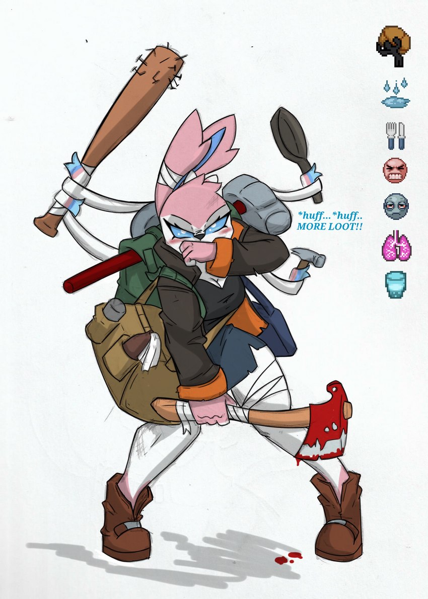 anthro axe backpack bandage bandaged_ear baseball_bat bat_(object) big_breasts biped blood blood_on_weapon blue_body blue_fur blush bodily_fluids breasts cookware female frying_pan fur hammer holding_axe holding_object kitchen_utensils long_ears molotov_cocktail multicolored_body multicolored_fur pink_body pink_fur simple_background sledgehammer small_waist solo text thick_thighs tools weapon white_background white_body white_fur wide_hips pace-maker nintendo pokemon project_zomboid the_indie_stone eeveelution generation_6_pokemon pokemon_(species) sylveon english_text hi_res