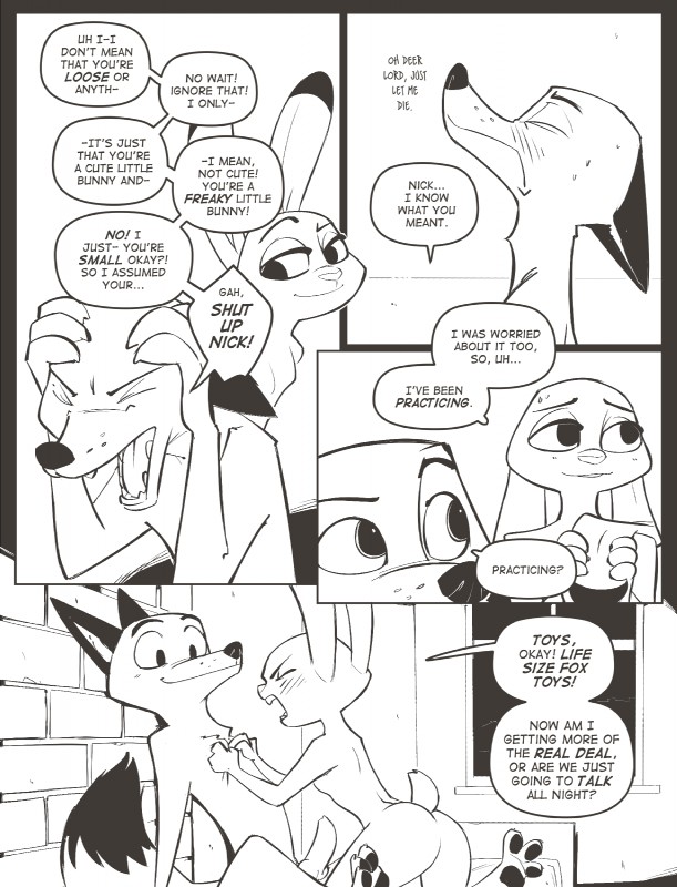 anthro blush bodily_fluids butt dialogue duo female genitals knot male male/female nude penis speech_bubble sweat text rockbottomfeeder disney zootopia judy_hopps nick_wilde canid canine fox lagomorph leporid mammal rabbit red_fox true_fox black_and_white comic english_text hi_res monochrome