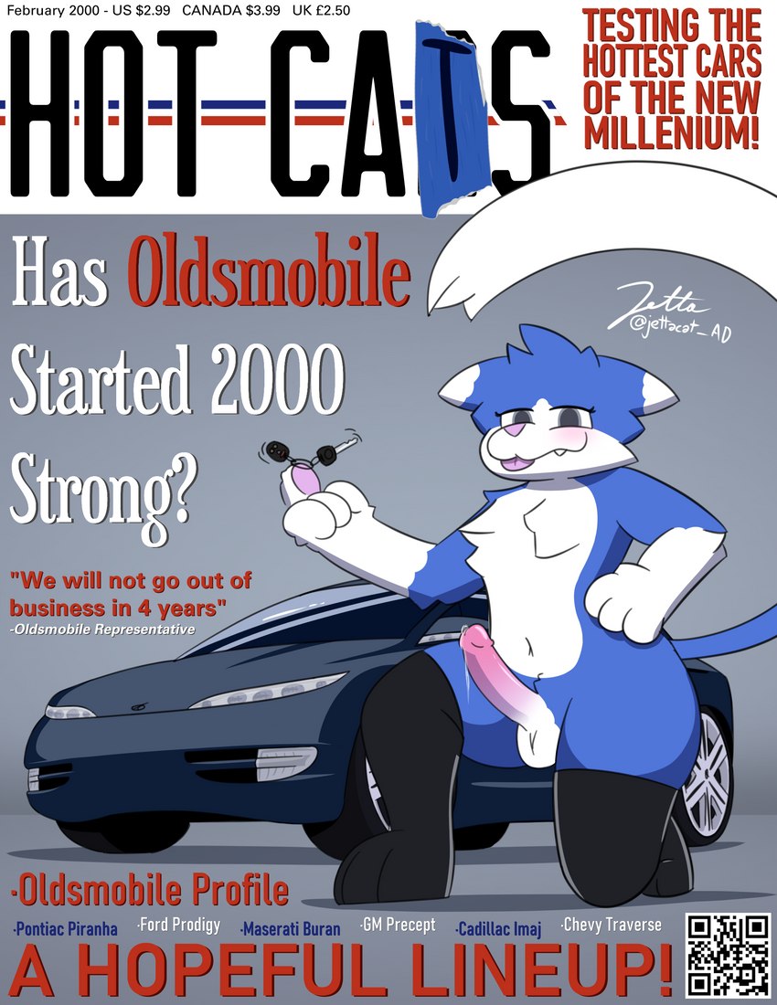 2000s anthro balls belly blue_body blue_fur bodily_fluids car clothing cum cum_drip dripping femboy fluffy fur genital_fluids genitals grey_eyes leggings legwear looking_at_viewer looking_down low-angle_view magazine male navel penis precum qr_code satire smile smirk solo teeth text thong underwear vehicle wide_hips catgirlsupreme cadillac chevrolet ford general_motors maserati oldsmobile oldsmobile_profile pontiac jetta_(catgirlsupreme) domestic_cat felid feline felis mammal absurd_res cover english_text hi_res magazine_cover