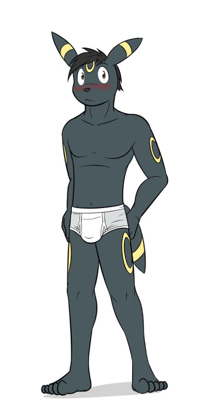 anthro anthrofied barefoot biped blush briefs bulge clothed clothing feet male pokemorph simple_background solo tighty_whities topless translucent translucent_clothing translucent_underwear underwear white_background white_briefs white_clothing white_underwear fuze nintendo pokemon jed_(fuze) eeveelution generation_2_pokemon pokemon_(species) umbreon 1:2 hi_res