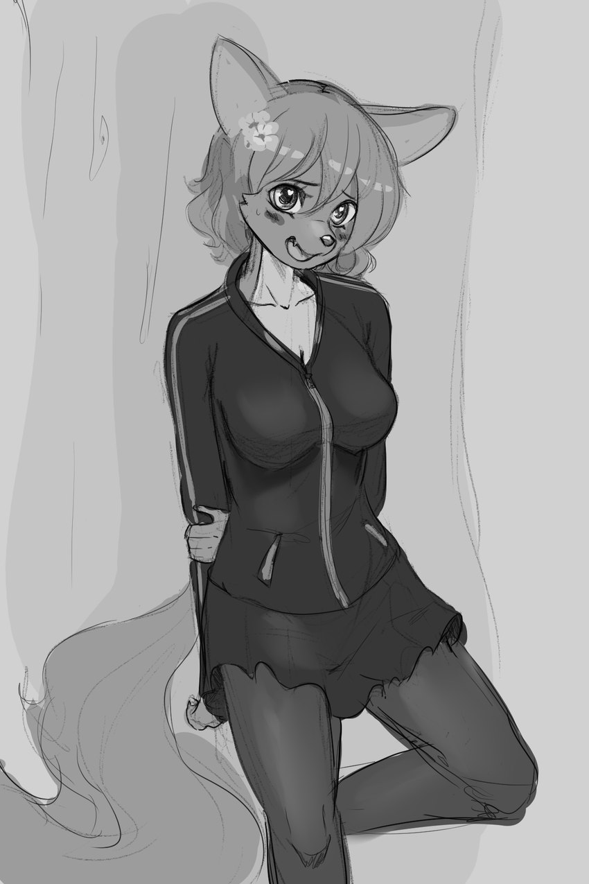 accessory against_natural_surface against_surface against_tree anthro blush bottomwear breasts clothing embarrassed female flower flower_in_hair hair hair_accessory open_mouth plant skirt solo tracksuit tree hawtmoon maku_(maku450) canid canine canis mammal wolf 2021 2:3 hi_res monochrome