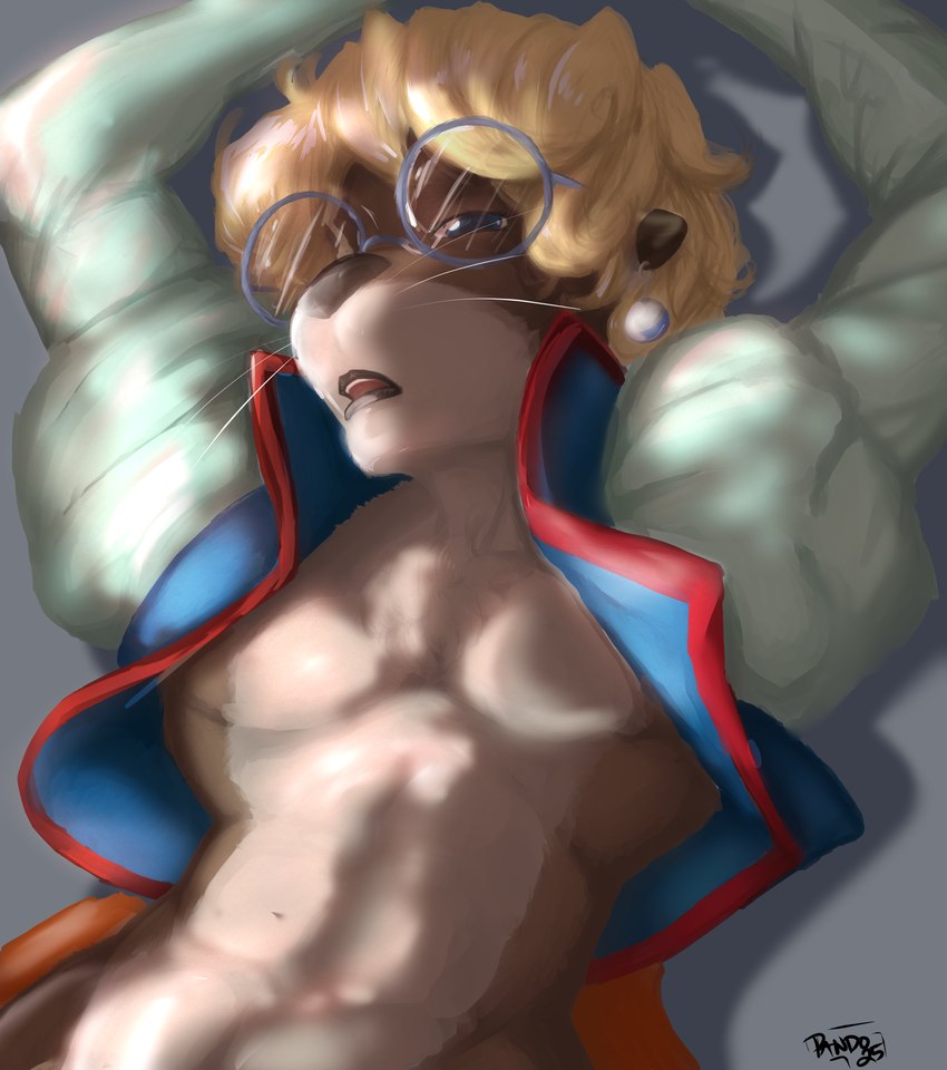 anthro blonde_hair blue_clothing blue_eyes clothed clothing detailed_lighting eyewear glasses hair hands_above_head lips lying male on_back open_clothing open_mouth pearl_ear_ring shadow solo submissive suggestive_pose text pandottermon mammal mustelid otter 2025 artist_name hi_res signature