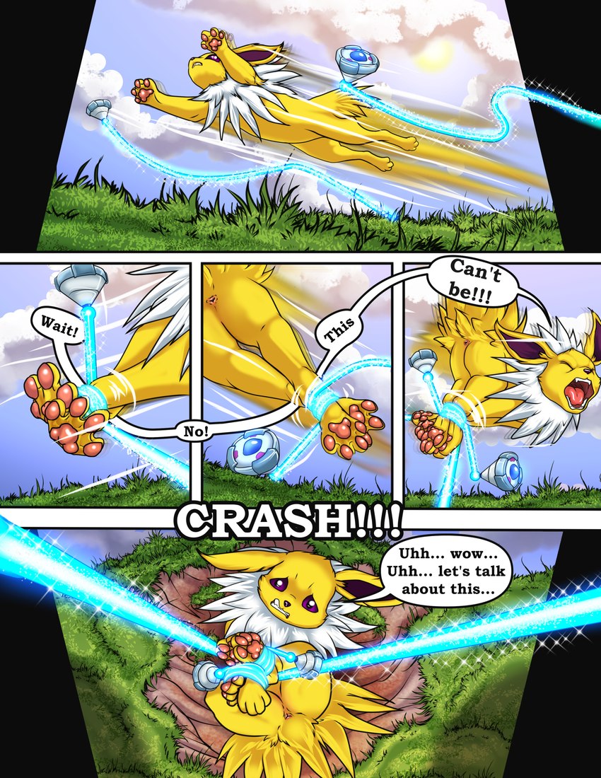 anus bdsm bondage bound capture capture_styler catch caught_in_the_act dialogue feet feral foot_focus genitals hogtied pawpads paws soles styler text toes raptorroper nintendo pokemon pokemon_ranger eeveelution generation_1_pokemon jolteon pokemon_(species) trip_(disambiguation) absurd_res comic english_text hi_res