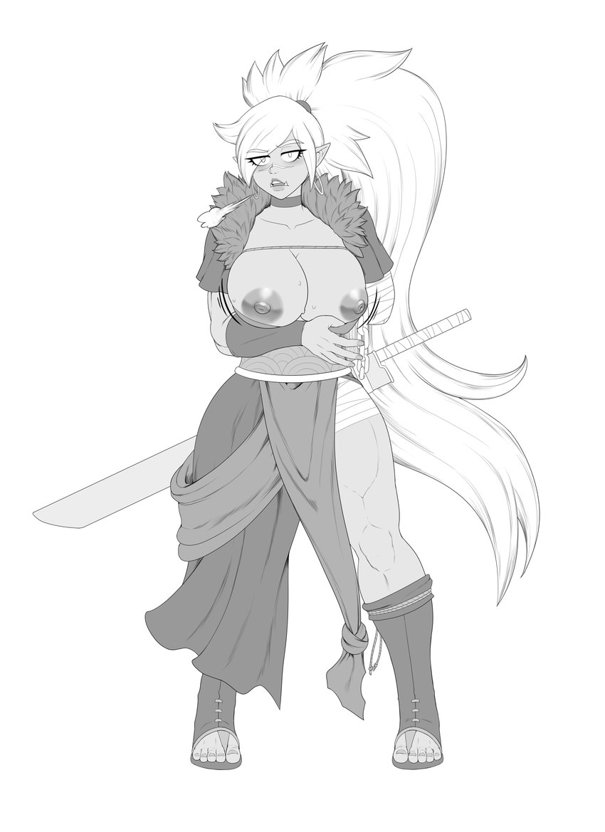 1_missing_limb amputee areola bandage big_breasts breasts disability exposed_breasts eyelashes facial_scar female looking_at_viewer melee_weapon missing_arm nipples not_furry pupils scar solo sword thick_thighs weapon redboard elf absurd_res hi_res monochrome