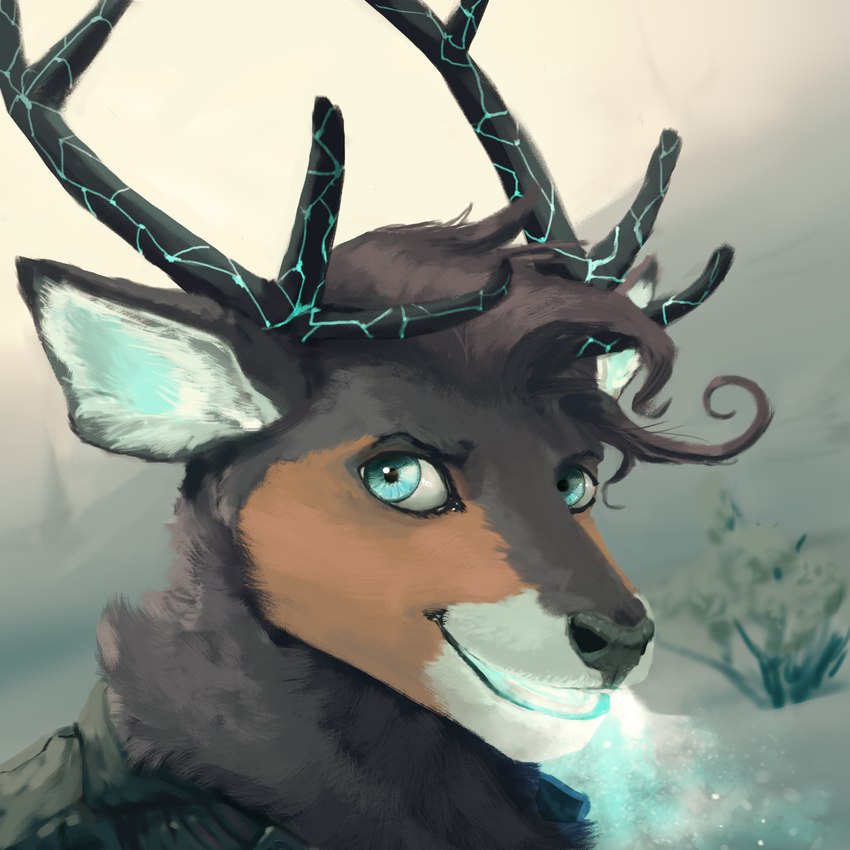 anthro fluffy fluffy_ears fluffy_hair frost hair looking_at_viewer male mountain neck_tuft plant smile snow solo tree tuft winter raveress_moss hako_frost cervine deer elk mammal buck_(disambiguation) 1:1 hi_res