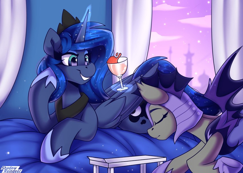 alcohol beverage blue_body blue_eyes blue_fur blue_hair bowing container crown cup drinking_glass duo female feral fur glass glass_container glass_cup hair headgear horn jewelry membrane_(anatomy) membranous_wings necklace tiara wine wine_glass wings shadowreindeer friendship_is_magic hasbro my_little_pony mythology night_guard_(mlp) princess_luna_(mlp) royal_guard_(mlp) bat_pony equid equine mammal mythological_creature mythological_equine winged_unicorn hi_res