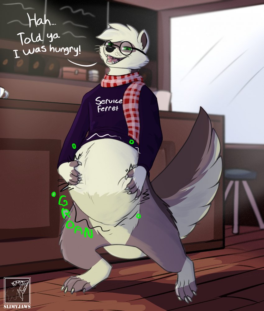 abdominal_bulge after_vore ambiguous_gender anthro bottomless bottomless_anthro clothed clothing eyewear fluffy fluffy_tail glasses hand_on_belly inside oral_vore scarf solo standing tail talking_to_viewer text unseen_prey vore slimyjaws milo_(slimyjaws) domestic_ferret mammal mustelid musteline true_musteline weasel english_text hi_res nonbinary_(lore)