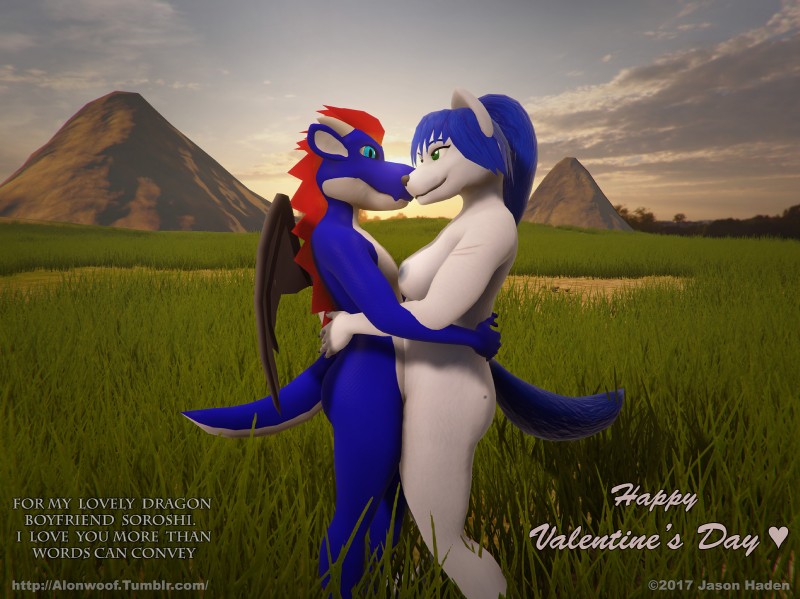 accessory anthro blue_body blue_eyes blue_hair blue_scales blue_tail breasts casual_nudity cloud detailed_background duo eye_contact eyebrows female fluffy fluffy_tail fur grass green_eyes grey_nipples hair hair_accessory hairband heart_symbol holidays horn hug humanoid_hands interspecies long_hair looking_at_another male male/female membrane_(anatomy) membranous_wings mountain multicolored_body multicolored_scales nipples nude outside plant red_body red_scales scales simple_background sky slightly_chubby smile standing tail text thick_tail white_body white_fur white_horn white_scales wings alonwoof bare_sands mythology valentine's_day alon soroshi canid canine canis dragon lobani mammal mythological_creature mythological_scalie scalie wolf 2017 3d_(artwork) digital_media_(artwork) english_text hi_res smaller_version_at_source url