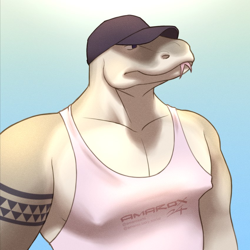 anthro baseball_cap clothing forked_tongue hat headgear headwear looking_away male muscular shirt solo tank_top tattoo tongue tongue_out topwear amarox lucas_(amarox) komodo_dragon lizard monitor_lizard reptile scalie absurd_res digital_drawing_(artwork) digital_media_(artwork) hi_res