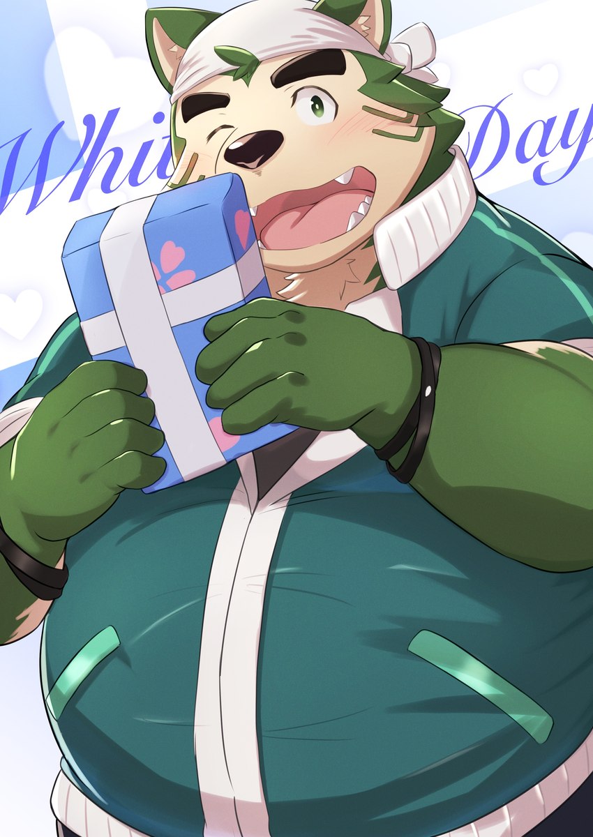 anthro belly big_belly black_nose blush green_body humanoid_hands kemono male one_eye_closed overweight overweight_male solo wink nazebesu_hobby lifewonders live_a_hero white_day mokdai canid canine canis domestic_dog mammal 2023 absurd_res hi_res